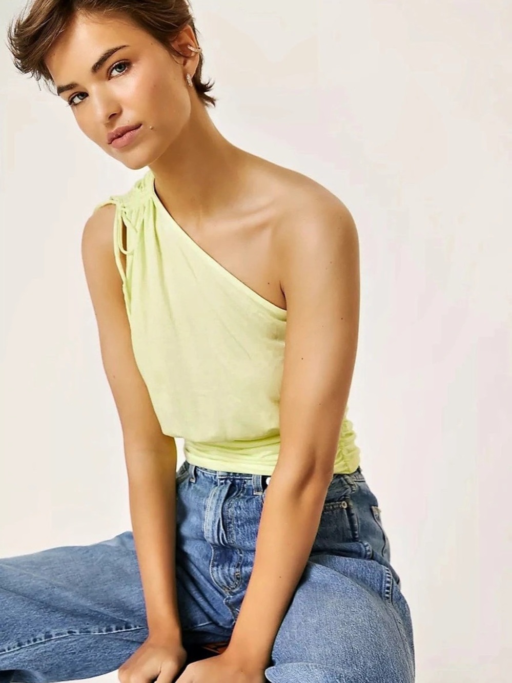 NEW Anthropologie Draped One-Shoulder Ruched Top in Yellow XS